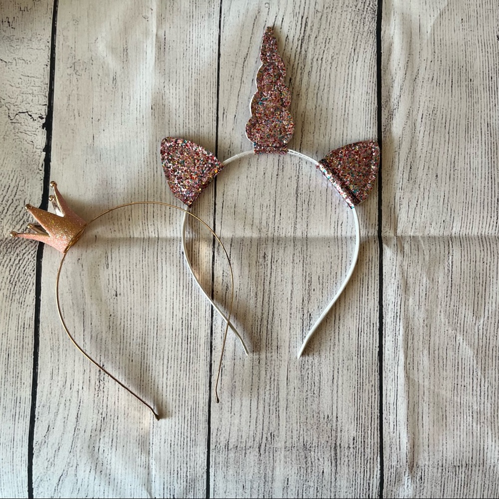 2 Novelty Child/Adult Headbands Glitter Pink Princess Unicorn Sparkle Crown - Picture 2 of 2